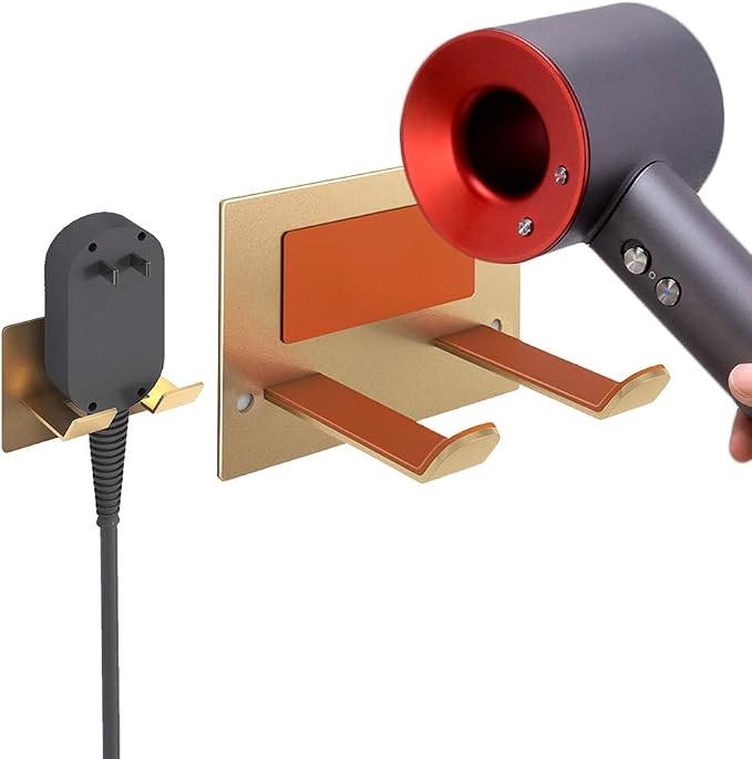 XIGOO Self Adhesive Hair Dryer Holder Wall Mounted | Stick on Wall Bathroom Hair Blow Dryer Rack, Organizer Compatible with Supersonic Hair Dryers, Gold