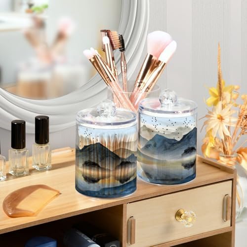 MNSRUU 4 Pack Qtip Holder Organizer Dispenser Abstract Art Mountains and Birds Bathroom Containers Bathroom Vanity Storage Canister Apothecary Jars for Cotton Swabs/Pads/Floss