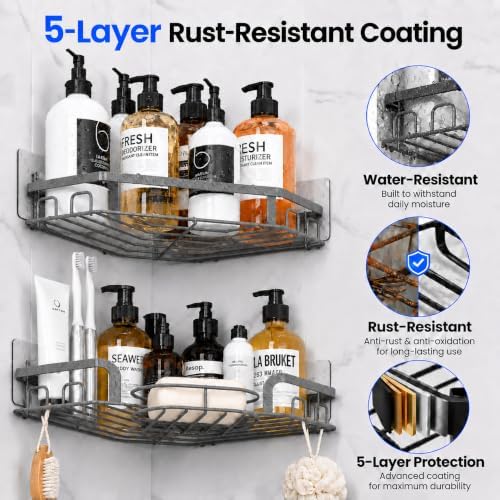 Corner Shower Caddy, Rustproof Shower Organizer with Soap Holder and 8 Hooks, No Drilling Adhesive Shower Shelves for Inside Shower, Large Capacity Shower Rack for Bathroom Shower Storage, Grey