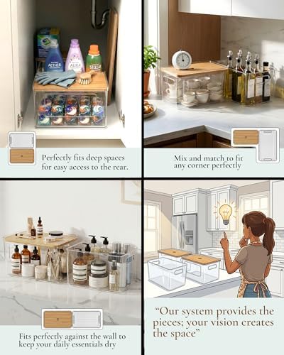 Hudgan 2 in 1 Acrylic Trash Bag Dispenser Under Sink, Garbage Bags Holder with Stackable Bamboo Top for Kitchen, Pantry, Laundry Room