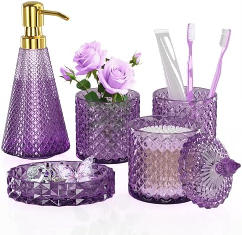 Purple Glass Bathroom Accessories Set 5 Pcs, Purple Bathroom Set, Soap Dispenser and Toothbrush Holder Set, Qtip Holder Set, Vintage Bathroom Sink Set, Cute Bathroom Decor