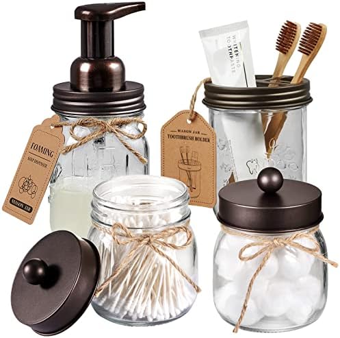 Amolliar Mason Jar Bathroom Accessories Set, 4Pcs Glass Bathroom Set,Bronze