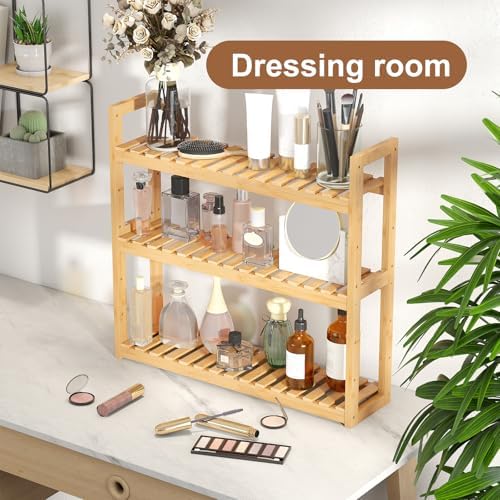 Bamboo Organizer Rack - Adjustable 3-Tier Storage Shelf, Wall Mounted or Over The Toilet, Living Room, Kitchen (Natural)