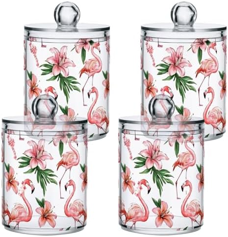 MNSRUU 2 Pack Qtip Holder Organizer Dispenser Pink Watercolor Flamingos Bathroom Storage Canister Cotton Ball Holder Bathroom Containers for Cotton Swabs/Pads/Floss
