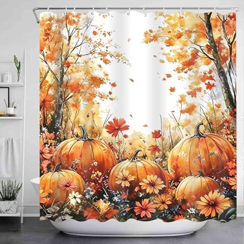 NBVKO Fall Thanksgiving Day Shower Curtain Sets，Autumn Pumpkin Bathroom Shower Curtain with Non-Slip Rug Toilet Lid Cover Bath Mat 12 Hooks，Maple Forest Bathroom Decor Set