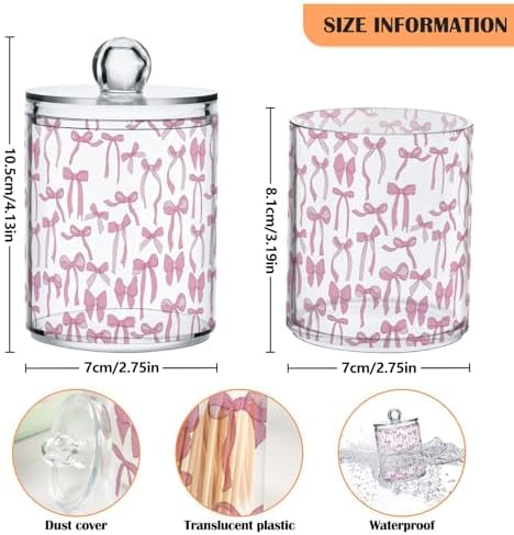 Gredecor 2 Pack Qtip Holder Clear Aesthetic Pink Ribbon Bow Apothecary Jars with Lids Acrylic Bathroom Jars Vanity Countertop Canister Storage Organizer for Cotton Ball,Swabs,Pads,Floss