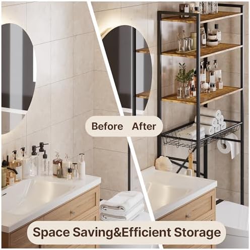 Gizoon Over-The-Toilet Storage Rack with Adjustable Shelf and Basket, 4-Tier Freestanding Space Saver Bathroom Shelves Above Toilet for Room