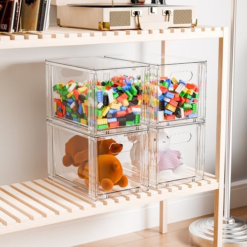 Yieach 4 Pack Large Stackable Storage Drawers,11″Deep Under Cabinet Organizer,Baby Bottle Organizer,Clear Stacking Pull Out Drawer,Acrylic Storage Containers Bins for Organizing Snack,Medicine,Makeup