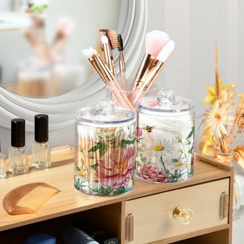 Flower Plastic Jars Cotton Swabs Cans, Spring Flower Garden Bathroom Canisters Storage Organizer with Lids 2PCs Set for Cotton Ball, flossers, Hair Bands