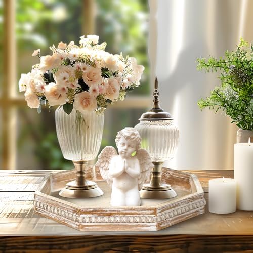 Wooden Decorative Tray, Small Serving Tray with Wood Bead, Farmhouse Big Tray for Ottoman, Countertop, Coffee Tabl, 13" x 13"x 1.6" (White Washed)