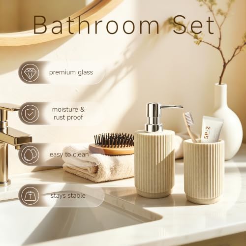 2Pcs Beige Bathroom Set, Striped Resin Soap & Toothbrush Holder, Boho