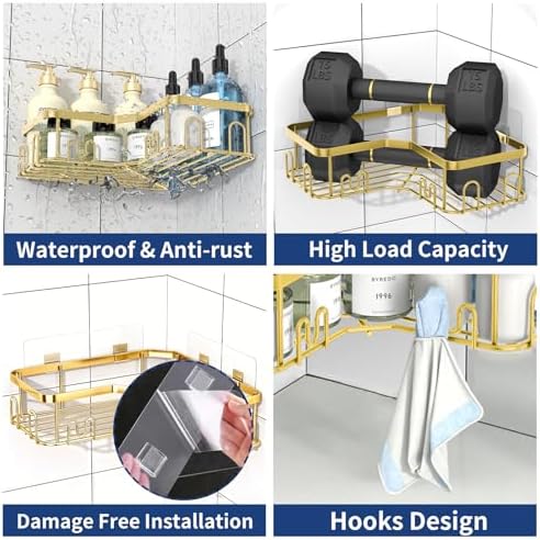 Menbyci 3 Pack Corner Shower Caddy, Adhesive Bathroom Shelves with 18 Hooks, Drill-Free & Quick-Dry Shower Organizer with Large Capacity, Rustproof Stainless Steel Bathroom Corner Storage Rack, Gold
