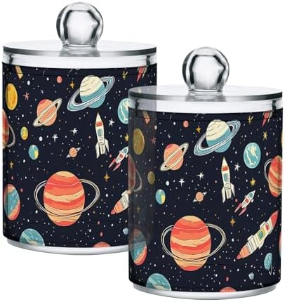 ALAZA Solar System Star Planet Space 4 Pack Qtip Holder Dispenser for Cotton Swabs, Balls, Pads, Floss 10 oz Plastic Canister Organizer