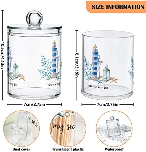 ALAZA Bathroom Canister Set of 2, Watercolor Hand Drawn Nautica Nautical Coastal Lighthouse Anchor Plastic Jars Holder Dispense Qtip Holder Storage Jars with Lids,Home Decor