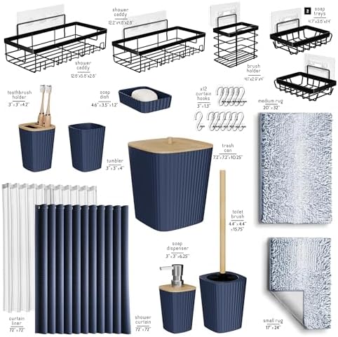 Clara Clark Bathroom Accessories Set - 27PC Bathroom Set with Adhesive Corner Shower Caddy Hanging, Bathroom Sets with Shower Curtain and Rugs, Ombre Navy Shower Curtain Set with Bathroom Trash Can