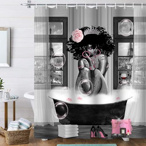 4Pcs African American Shower Curtain Sets with Rugs, Black, 71x71in
