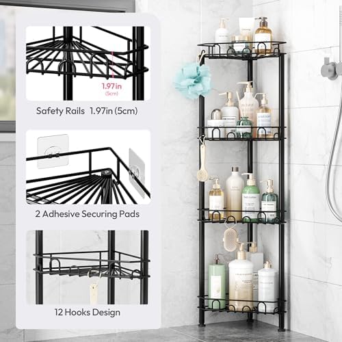 SWTYMIKI Standing Shower Caddy Corner - 4‑Tier Stainless Steel Shower Organizer Shelf with 16 Hooks and Adhesive Pads, Rustproof Corner Shelves Stand Rack for Bathroom Shower Room, Black