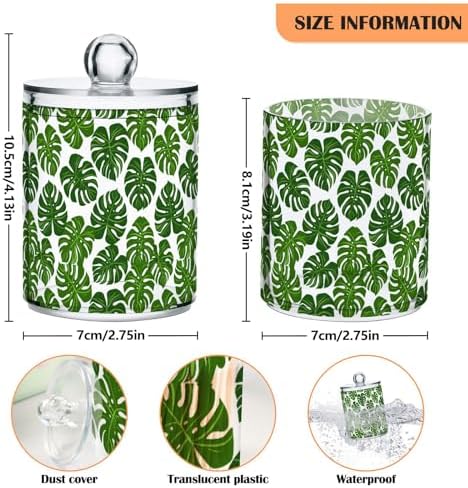 ALAZA 2pcs Monstera Leaf Palm Green White Qtip Holder Dispenser 14 oz Bathroom Storage Clear Apothecary Jars Containers Cotton Ball,Cotton Rounds,Floss Picks, Hair Clips, Food