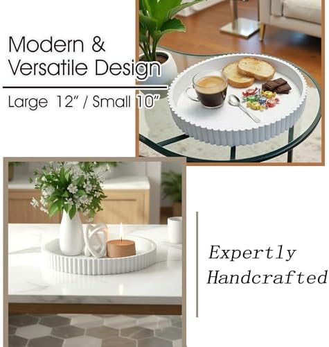 Modern Table 2pcs Nested Round Decorative Trays - Circle Coffee Table Centerpiece Set 12"/10" - Wooden White Crack Finish Bandejas with Fluted Edge