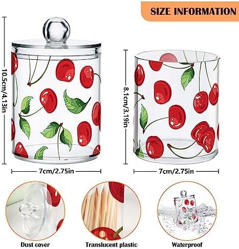 Cherry Fruits Canisters with Lids for Bathroom Vanity, Clear Plastic Jars Set of 4, for Cotton Balls, Cotton Pads, Qtips 4.13 x 2.75 in