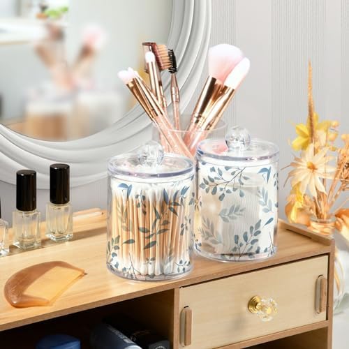Light Blue Leaves Qtip Holder 2 Pack - 10 Oz Clear Plastic Apothecary Jar Set for Bathroom Organization - Versatile Canister Storage for Cotton Balls, Swabs, Rounds