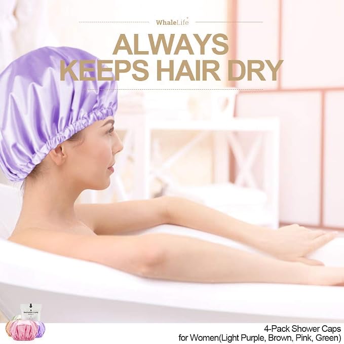 Shower Caps Satin Lined Waterproof for Women Men - 4Pc Candy Mixed Colors | Double Layer 100 Percent Dry Jumbo Oversized Fits Thick Hair Smooth Lining Prevents Hair Frizz Snug Elastic Band No Pressure