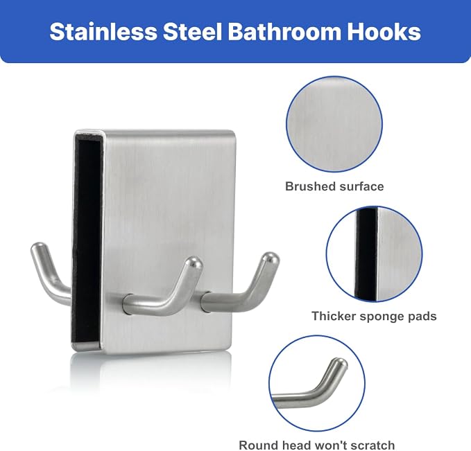 EAEDMY Shower Door Hooks, Over Glass Shower Towel Hooks for Bathroom, Suit for Frameless Glass Shower Door 0.43in (<11mm), Stainless Steel, Drilling-Free, 2 Pack (4Pack Silvery)