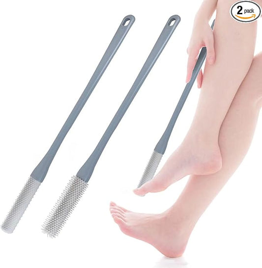 2Pack Toe Cleaning Brush,15.7" Silicone Foot Scrubber in Shower with Long Handle Cleaning Bath Foot Brush for shower Gentle Foot Exfoliating Lotion Applicator for Seniors,Elderly, Men and Women (Grey)
