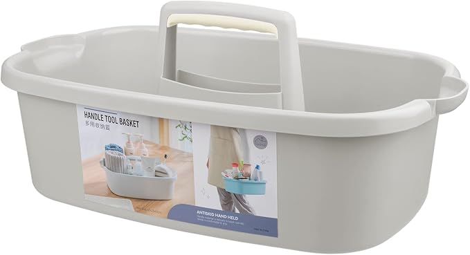 Large Cleaning Supplies Caddy Portable Shower Basket Supply Organizer with Handle Plastic Bucket Tool Storage for Bathroom, Bedroom, Kitchen, College Dorm, Garden, Light Grey