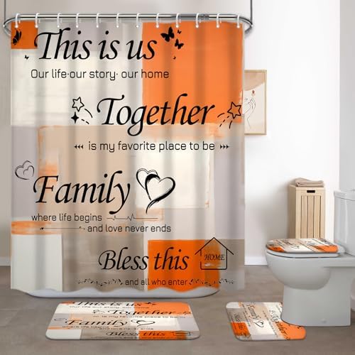 Lnond 4Pcs Shower Curtain Set with Toilet Lid Cover and Non-Slip Rugs for Bathroom,Orange Abstract Motivational Bathroom Sets with Shower Curtain and Rugs