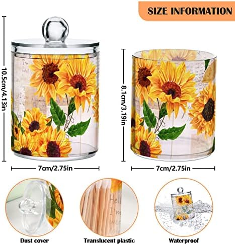 2 Pack Sunflower Qtip Holder Dispenser with Lid, 14 oz Clear Plastic Apothecary Jar Set for Bathroom Vanity Organizers Storage Containers