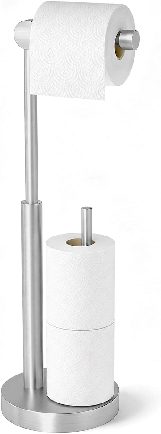 Toilet Paper Stand with Storage & Weighted Base, Brushed Nickel | Free Standing Stainless Steel Design with Open-Ring Arm for Easy Roll Replacement
