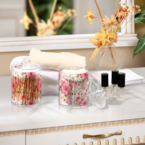 Pink Roses Qtip Holder Dispenser 2 Pack Clear Apothecary Plastic Jars Bathroom Counter Organizer for Cotton Pads, Cotton Ball, Cotton Swabs, Floss Picks 10 Oz