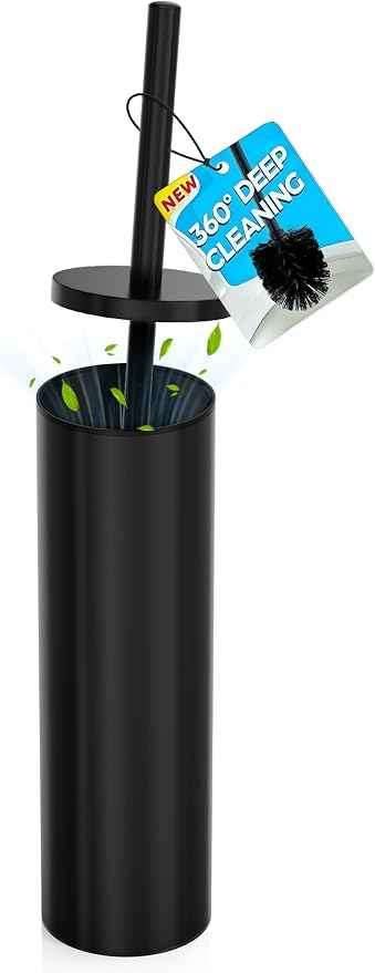 Dowry Toilet Bowl Brush and Holder for Bathroom, Deep Cleaning Toilet Brush and Holder Set with Long Handle, Hidden Toilet Bowl Scrubber with Replaceable Head,Modern Decor Black Round