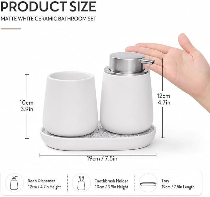 Ceramic Bathroom Accessories Set, 3 Pieces with Soap Dispenser, Toothbrush Holder, and Cup, Matte Black, Polished Finish (White)