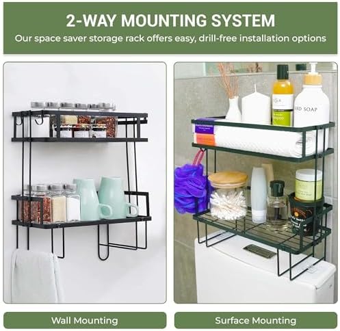 DINEST 2 Tier Over the Toilet Storage Shelf Rack Organizer, Sturdy Bathroom Organizer Shelves, Space Saver Multifunctional Wall Mounted Design, No Drilling Anti-Rust Bathroom - Black