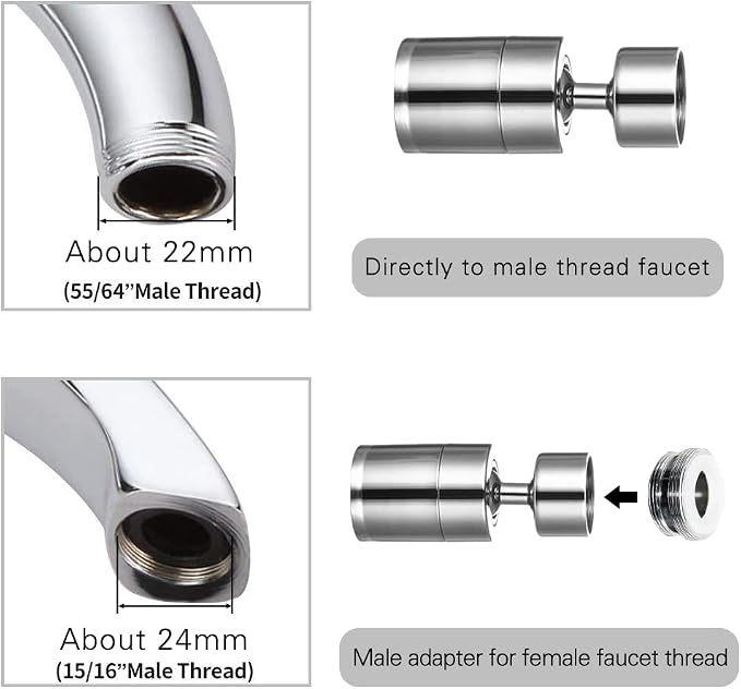 2 Pack Sink Faucet Aerator 360 Degree Swivel Kitchen Faucet Sprayer Attachment,Dual Water Flow Modes, 55/64 Inch-27UNS Female Thread,15/16 Inch-27UNS Male Thread Adapters
