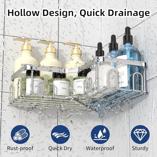 Menbyci 3 Pack Corner Shower Caddy, Adhesive Bathroom Shelves with 18 Hooks, Drill-Free & Quick-Dry Shower Organizer with Large Capacity, Rustproof Stainless Steel Bathroom Corner Storage Rack, Silver