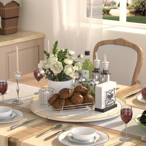 Oroyutor 18-Inch Large Oak Lazy Susan Organizer, Gold and White