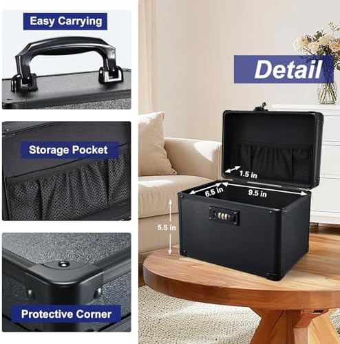 Lockable Security Storage Box - Shiny Black Safe Combination Lock Box, Cabinet Med Organizer, 10 x 7 x 7.9 Inches Safe Case for Documents, Valuables, Medicine & Money