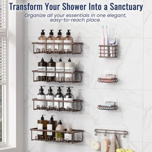 8 Pack Adhesive Rustproof Shower Caddy with Soap Dishes, Toothbrush Holder & Hooks, Large Capacity No-Drilling Shower Shelves Rack for Bathroom Organizers and Storage Accessories, Brown