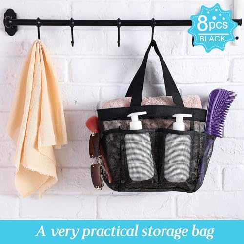 8 Packs Large Mesh Shower Caddy with 8 Pocket and Handle, Black