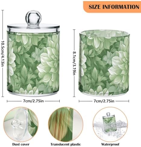Fustylead 4 Pack Sage Green and White Dahlia Qtip Holder Dispensers, Plastic Apothecary Jar Bathroom Accessories Set for Cotton Ball, Swab, Round Pads, Floss
