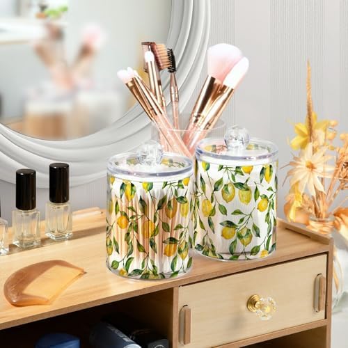 ALAZA 4pcs Watercolor Lemon Leaf Qtip Holder Dispenser 14 oz Bathroom Storage Clear Apothecary Jars Containers Cotton Ball,Cotton Rounds,Floss Picks, Hair Clips, Food