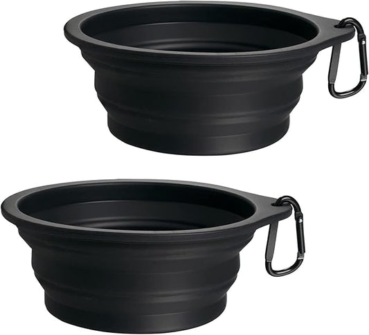 PetBonus 2-Pack Silicone Collapsible Dog Bowls, BPA Free Dishwasher Safe, Portable Foldable Expandable Travel Bowl, Food Water Feeding Cup Dish for Dogs Cats with 2 Carabiners (Black, Black) | 20 Oz, Silicone, Foldable Expandable Cat Feeding Cup Dish, ...