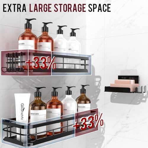 Getsrichfc Large Capacity Shower Caddy, Heavy-Duty Adhesive Shower Organizers with Custom Aesthetic Design Soap, No Drilling Corner Shower Shelves, 5 Hooks for Bathroom Accessories, 3 Pack