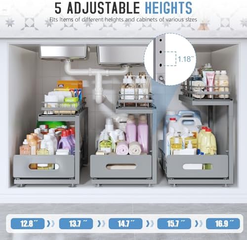 Under Sink Organizer Upgrade To Professional Rails,2-Tier Dual Pull Out Cabinet Storage,Height Adjustable Slide Out Drawers For Bathroom Kitchen,2 Pack-18.5"Dx12.8"-16.9"H,Gun Gray