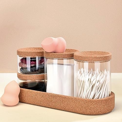 4 pack Glass Qtip Holder Dispenser Apothecary Jars with Vanity Tray