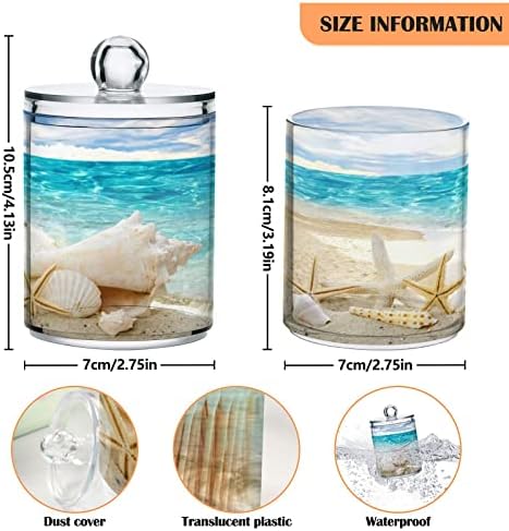4 Pack Sea Beach Starfish Qtip Holder Dispenser with Lid, 14 oz Clear Plastic Apothecary Jar Set for Bathroom Vanity Organizers Storage Containers