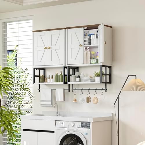 Bathroom Wall Cabinet, Farmhouse Medicine Storage with Towel Bar, White